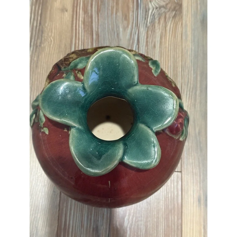 VTG Very Rare Hand Made Pomegranate Vase Deep Red W Green Majolica 7